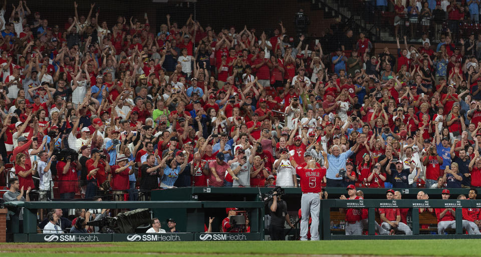 Los Angeles Angels' Albert Pujols waves to the crowd for a curtain call after his last at bat of the night during the ninth inning of a baseball game against the St. Louis Cardinals, Sunday, June 23, 2019, in St. Louis. (AP Photo/L.G. Patterson)