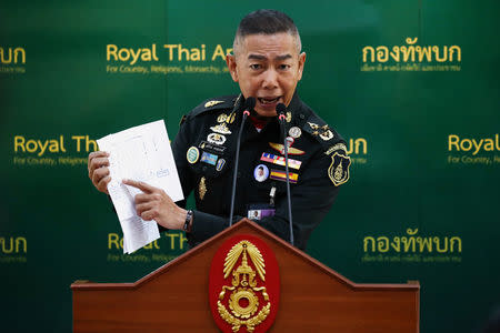 Thailand's Royal Army Chief General Apirat Kongsompong gestures during a news conference at the Thai Army headquarters in Bangkok, Thailand, October 17, 2018. REUTERS/Athit Perawongmetha