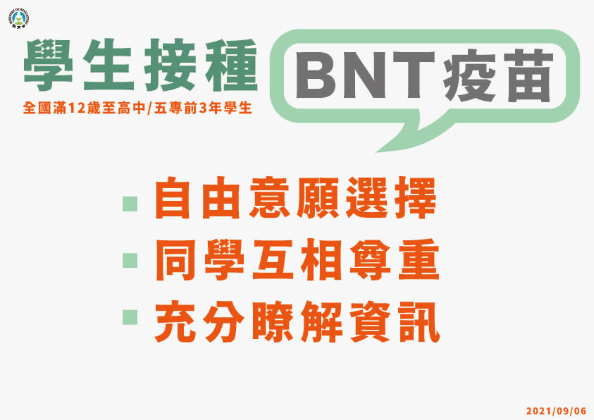 教育部特別說明疫苗接種不具強迫性，可視自身需求及個人意願，自由選擇是否接種。 圖：教育部提供