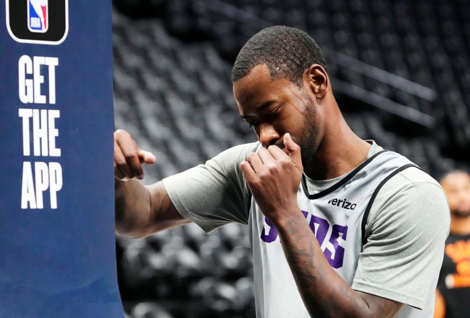 Phoenix Suns guard Terrence Ross shadow boxes during a Friday practice in Denver on April 28, 2023, as the team prepares for the Western Conference Semifinals against the Denver Nuggets at Ball Arena.