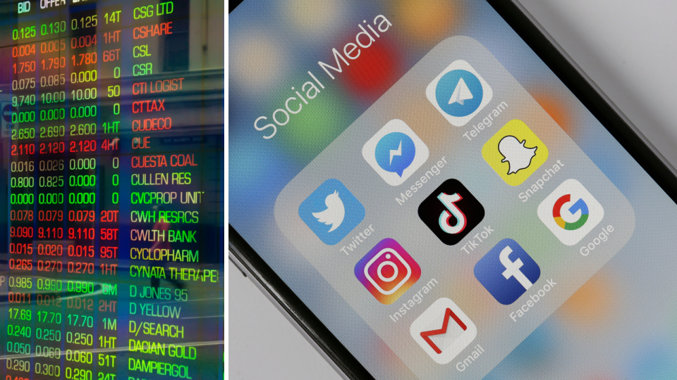 A composite image of the asx board showing company price changes and a smart phone home screen showing social media apps.