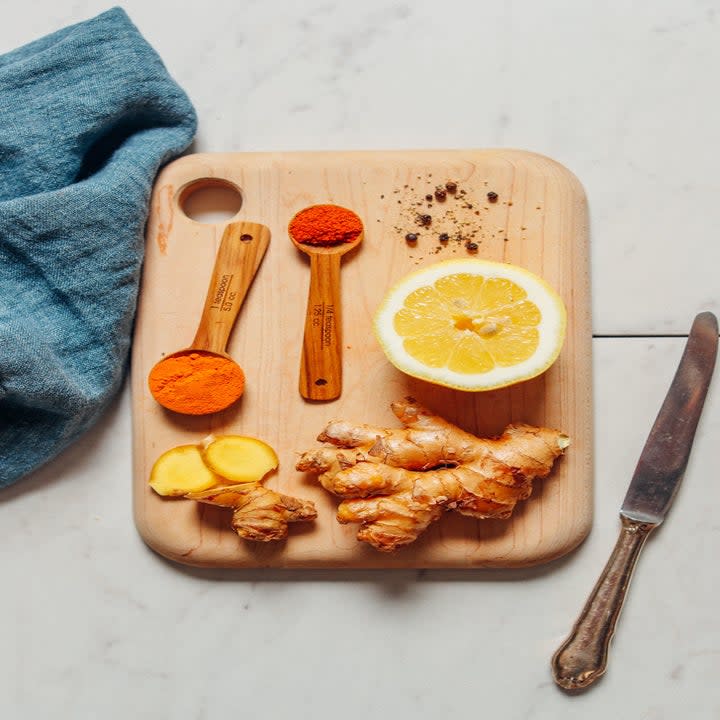 ingredients for the drink on a cutting board