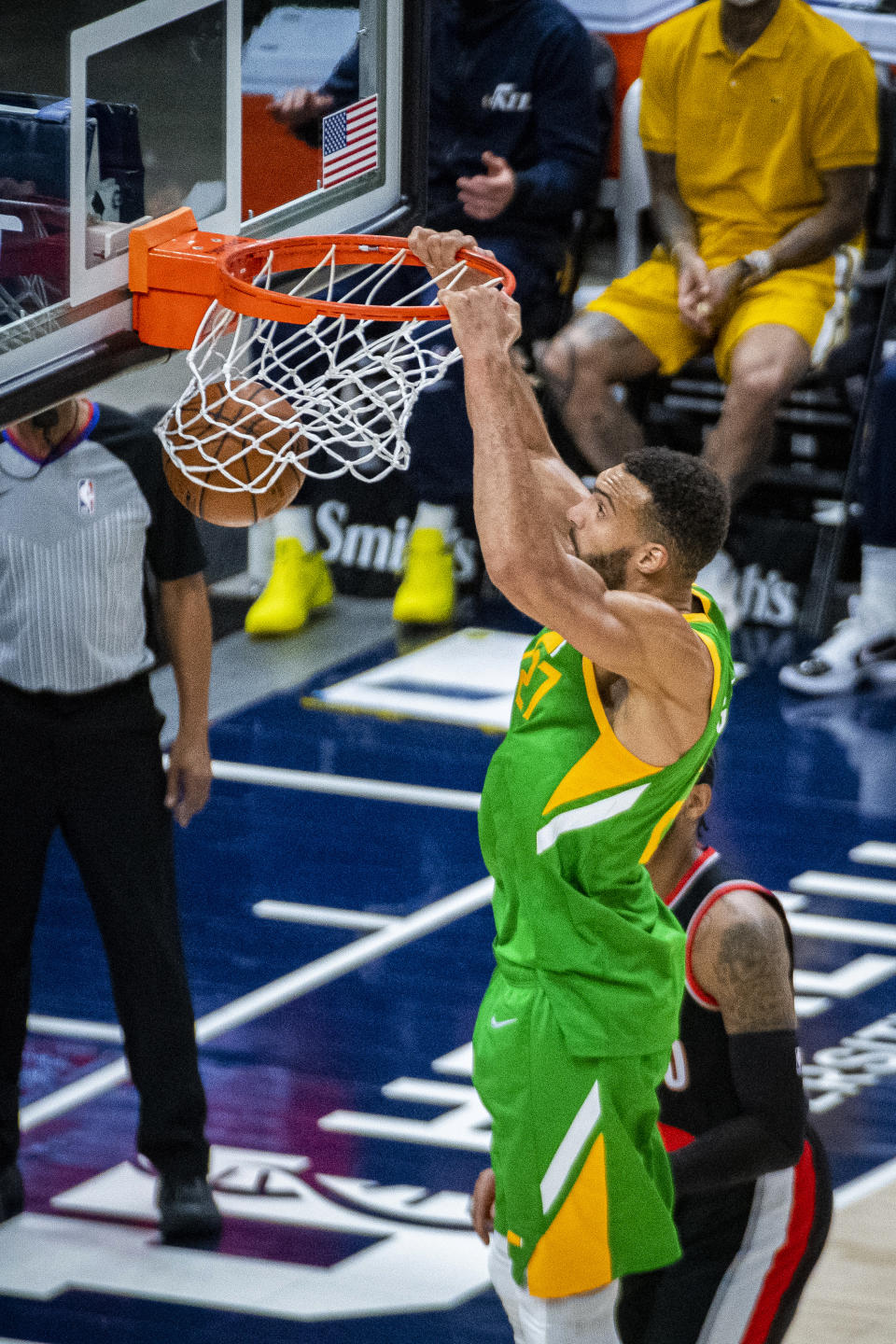 Utah Jazz center Rudy Gobert dunks during the first half of the team's NBA basketball game against the Portland Trail Blazers on Thursday, April 8, 2021, in Salt Lake City. (AP Photo/Isaac Hale)