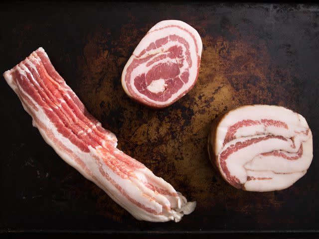 From left: bacon (smoked and cured pork belly), pancetta (cured pork belly), and guanciale (cured pork jowl).