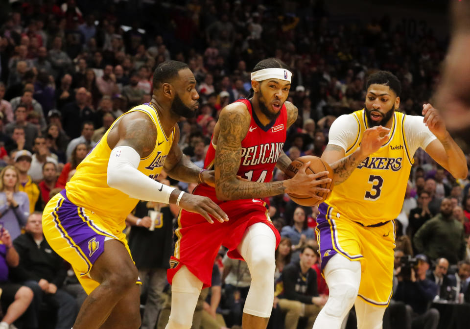 LeBron James（圖左起）、Brandon Ingram與Anthony Davis。（Derick E. Hingle-USA TODAY Sports）