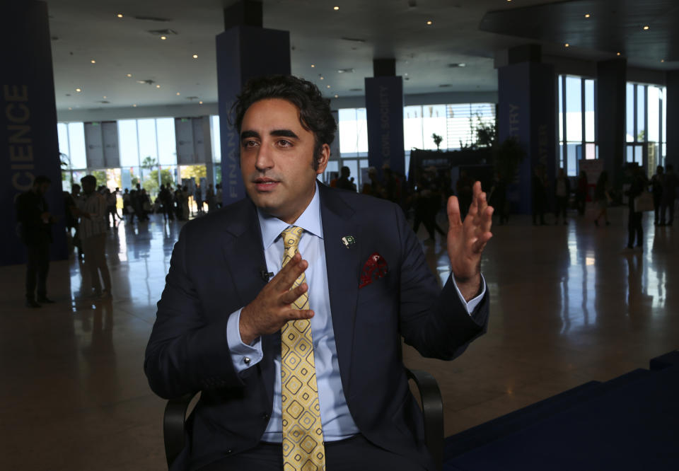 Pakistan Foreign Minister Bilawal Bhutto Zardari speaks during an interview with The Associated Press on his country’s priorities at the COP27 U.N. Climate Summit, Wednesday, Nov. 9, 2022, in Sharm el-Sheikh, Egypt. (AP Photo/Thomas Hartwell)