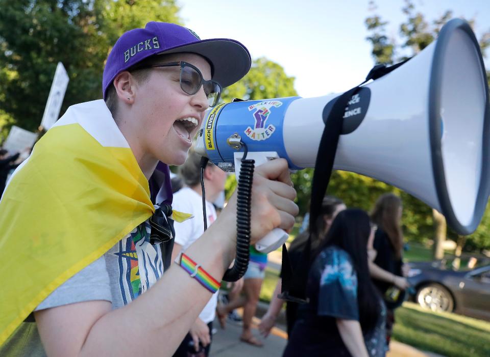 TJ Hobbs chants during a protest of the U.S. Supreme Court's overturning Roe v. Wade, on June 24, 2022, in Appleton.