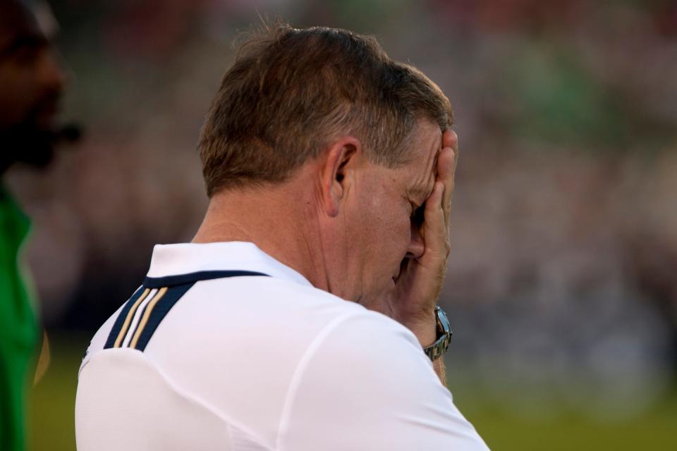 Notre Dame coach Brian Kelly reacts to a 35-21 loss to Oklahoma on Saturday, Sept. 28, 2013, at Notre Dame.