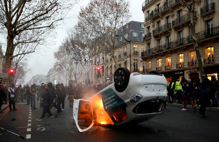 An overturned car burns during a demonstration by the "yellow vests" movement at Boulevard Saint Germain in Paris, France, January 5, 2019. REUTERS/Gonzalo Fuentes