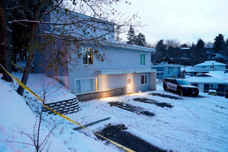 PHOTO: Bare spots are seen on Nov. 29, 2022, in the snowy parking lot in front of the home where four University of Idaho students were found dead on Nov. 13, in Moscow, Idaho. (Ted S. Warren/AP, FILE)