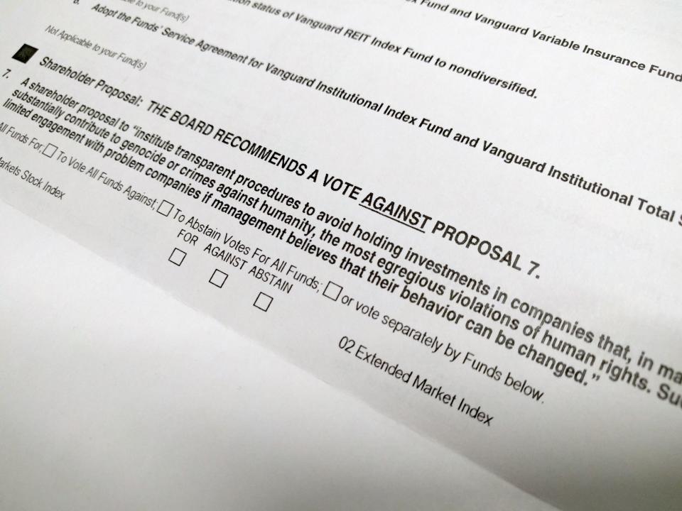 A paper ballot. Vanguard is encouraging online voting, since well over 90% of its investments come through the web. (Yahoo Finance)