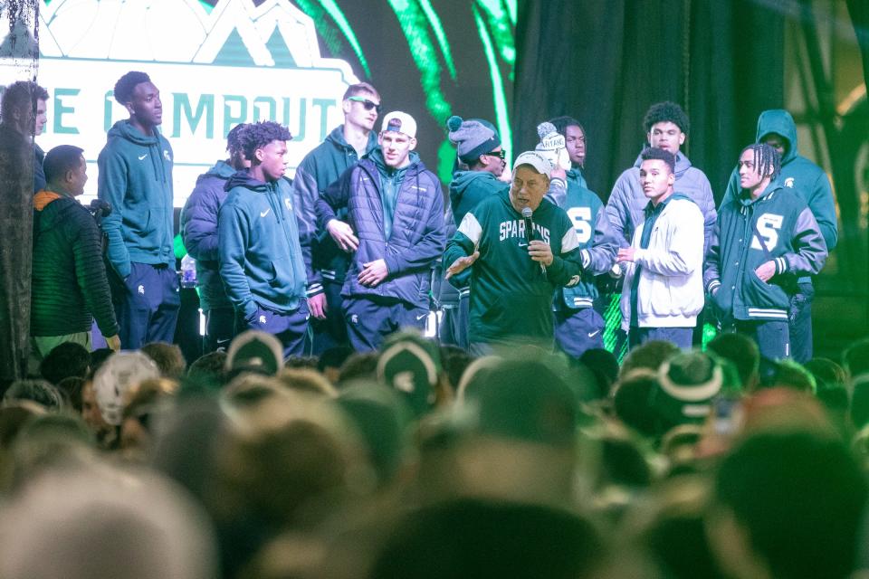 MSU men's basketball head coach Tom Izzo addresses fans on stage during Izzone Campout at Munn Field near Breslin Center in East Lansing on Friday, Oct. 6, 2023.