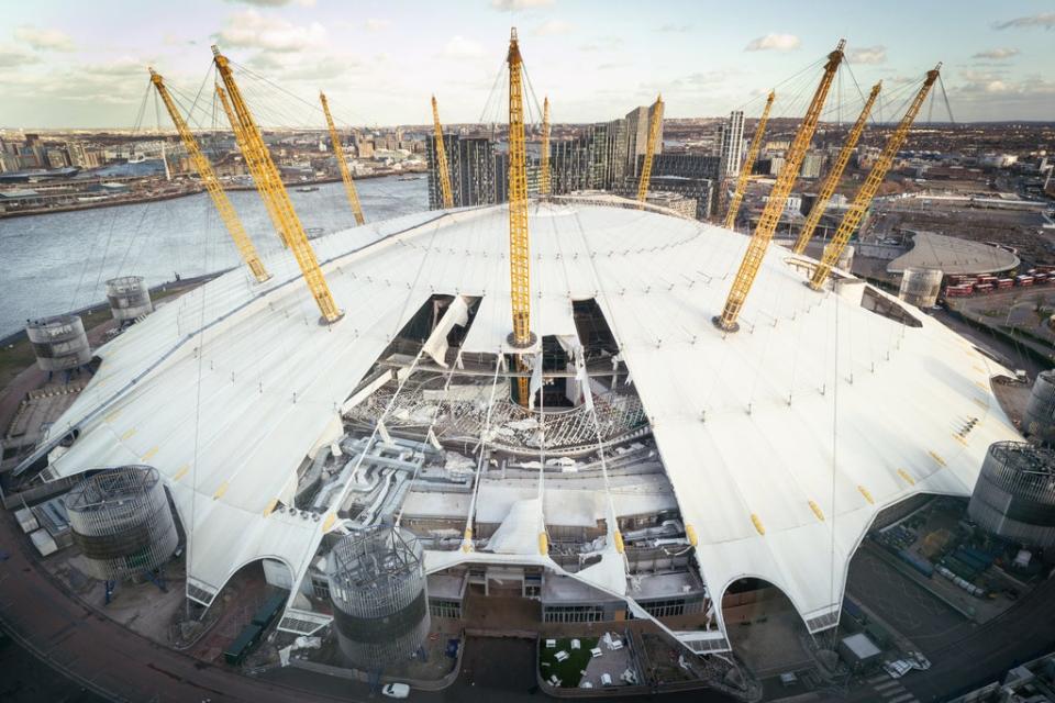 Damage to the roof of the O2 Arena, in south east London, caused by Storm Eunice. (PA Wire)