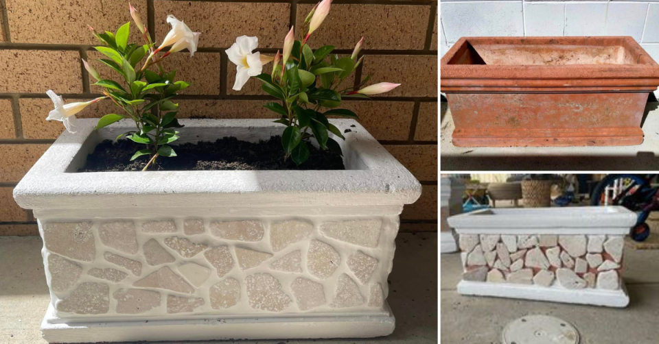 A plant pot renovated with Kmart stone decking tiles and chalk paint