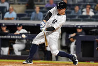 New York Yankees' Josh Donaldson hits a home run during the eighth inning of a baseball game against the Tampa Bay Rays Wednesday, Aug. 17, 2022, in New York. (AP Photo/Frank Franklin II)