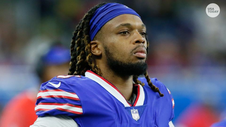 FILE - Buffalo Bills safety Damar Hamlin looks on during the second half of an NFL football game against the Cleveland Browns, Nov. 20, 2022, in Detroit.