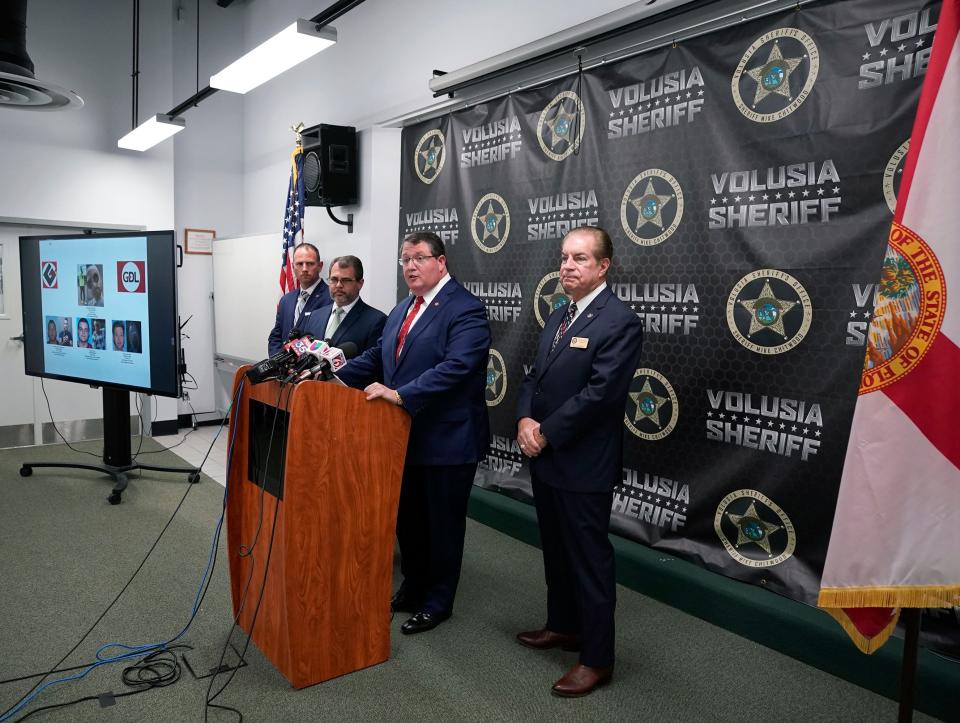 Local and state lawmakers stand together condemning a local hate group during a press conference at the Volusia County Sheriff's training facility, Monday, Feb. 27, 2023.