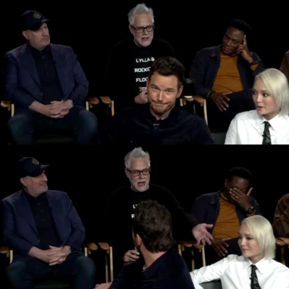 Chris Pratt and Chukwudi Iwuji react as James Gunn recounts the plane story.