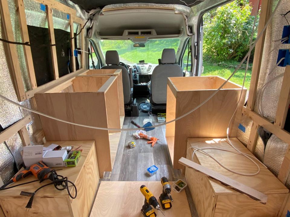 A progress photo of the van during the conversion process.