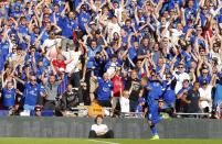 Football Soccer Britain - Leicester City v Manchester United - FA Community Shield - Wembley Stadium - 7/8/16 Leicester City's Jamie Vardy celebrates scoring their first goal Reuters / Eddie Keogh Livepic EDITORIAL USE ONLY. No use with unauthorized audio, video, data, fixture lists, club/league logos or "live" services. Online in-match use limited to 45 images, no video emulation. No use in betting, games or single club/league/player publications. Please contact your account representative for further details.