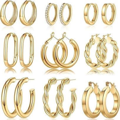 A nine-pair set of hypoallergenic golden hoop earrings for 42% off