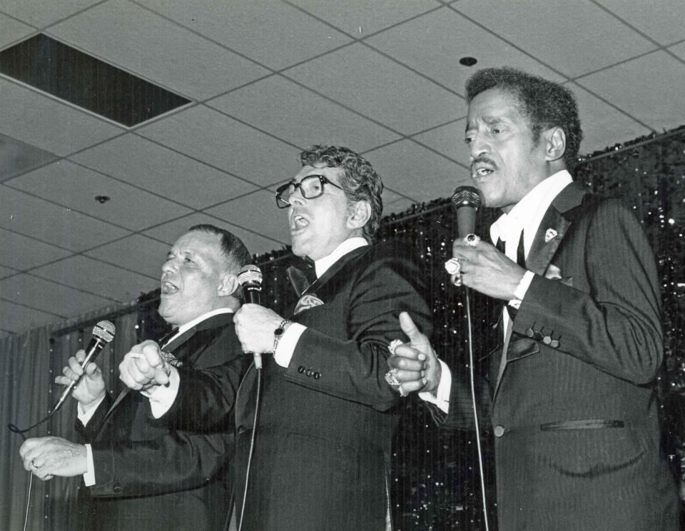 Frank Sinatra, Dean Martin and Sammy Davis, Jr. performing at the Canyon Hotel for Valentine Love-in Benefit for Desert Hospital, 1983.