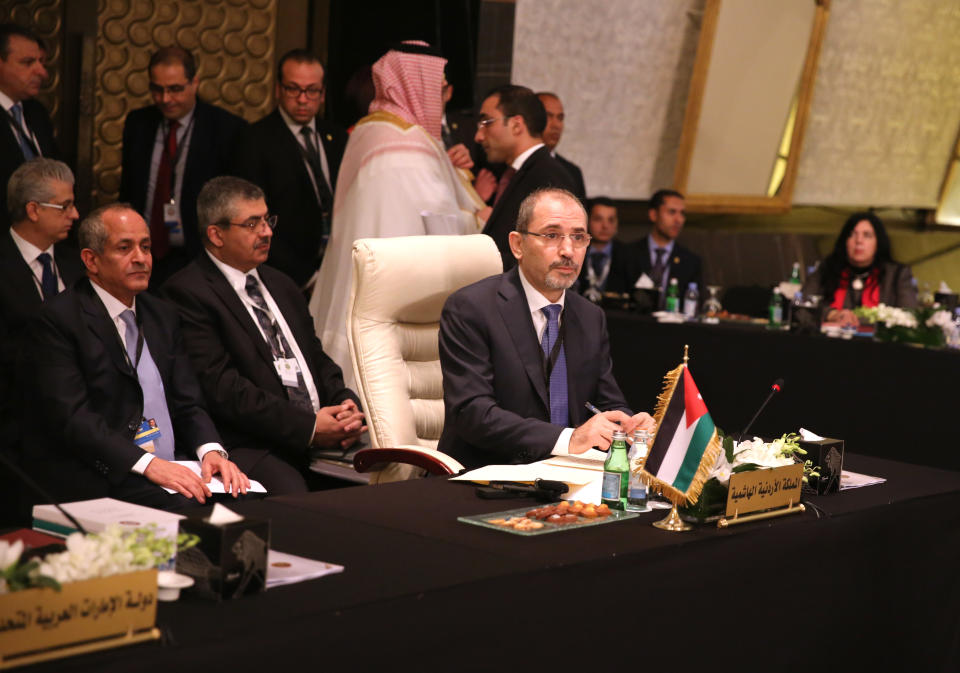 Ayman Safadi, Jordan's foreign minister, attends a meeting as delegates prepare for an Arab heads of state annual meeting on Wednesday, at the Dead Sea, Jordan, Monday, March 27, 2017. Safadi, told Arab counterparts Monday that the region must come together and urgently confront crises that have been allowed to fester, including violent conflicts and millions of children deprived of an education. (AP Photo/Sam McNeil)