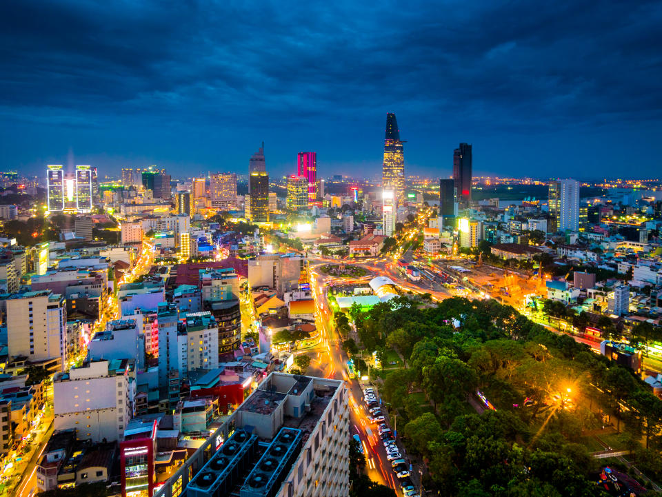 View of the buildings in Ho Chi Minh city or Saigon in Vietnam at night. Photo: Getty