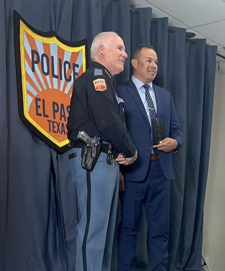 El Paso Police Chief Peter Pacillas, left, presents the 2023 Detective of the Year award to Detective Esteban Villalobos of the Crimes Against Persons Unit at the El Paso Police Department's annual awards ceremony on April 19, 2024.
