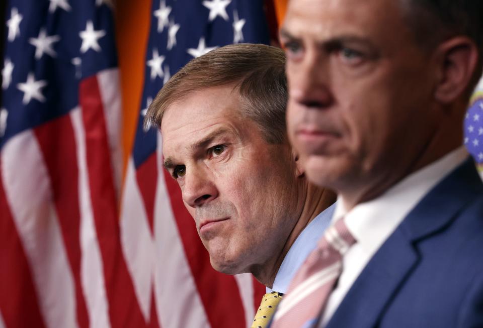 Reps. Jim Jordan (left) and Jim Banks in Washington, D.C., on July 21, 2021.