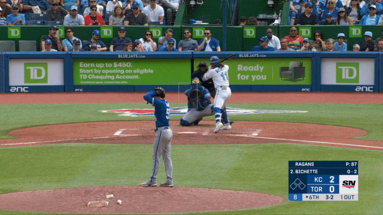 Cole Ragans struck out Bo Bichette with this cutter/slider. (MLB.com)