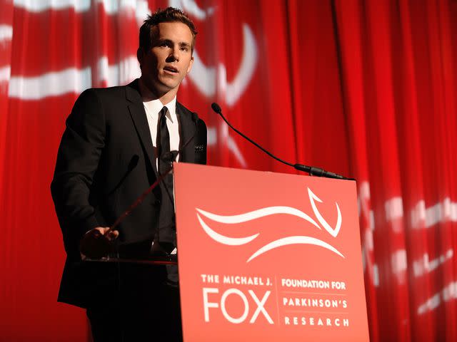 <p>Dimitrios Kambouris/WireImage</p> Ryan Reynolds speaks during "A Funny Thing Happened on the Way to Cure Parkinson's" 2008 Benefit