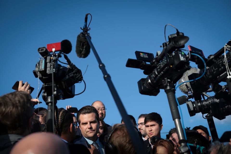 Rep. Matt Gaetz (R-FL) answers questions outside the U.S. Capitol after successfully leading a vote to remove Rep. Kevin McCarthy (R-CA) from the office of Speaker of the House October 3, 2023 in Washington, DC. McCarthy was removed by a motion to vacate, an effort led by a handful of conservative members of his own party.