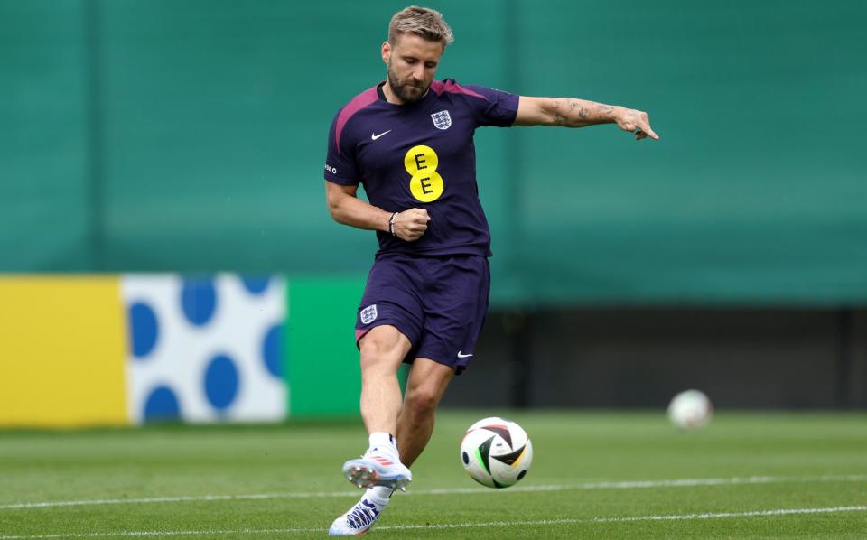 Luke Shaw in England training before their Euro 2024 quarter-final against Switzerland