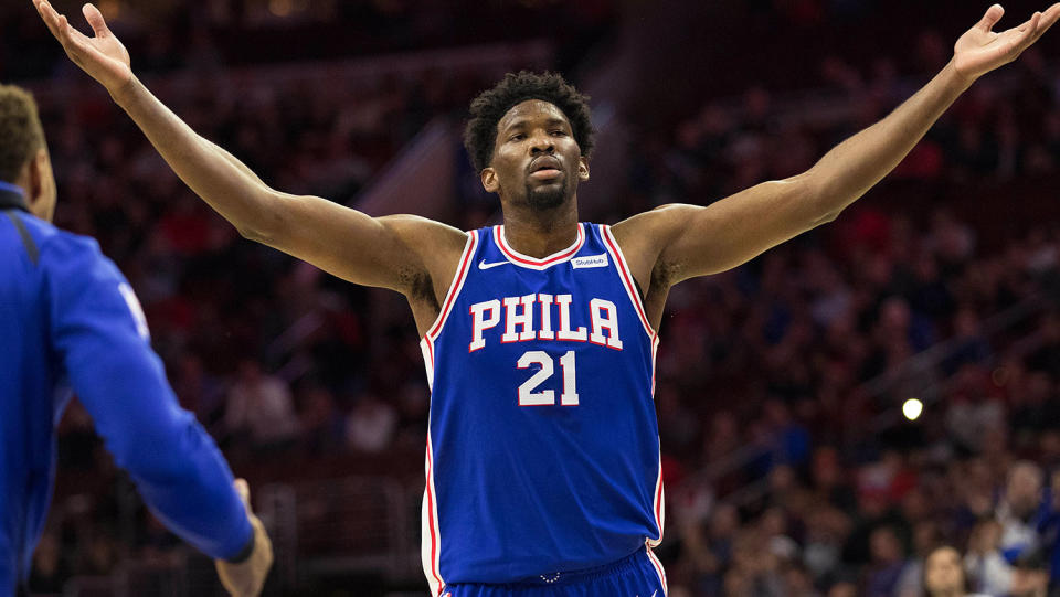 Joel Embiid played a career-high 30 minutes as the Sixers overcame a blown lead to beat the Hawks, 119-109, for their first home win.