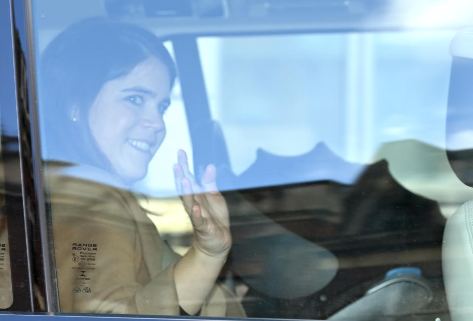 LONDON - FEBRUARY 12: Princess Eugenie of York departs the Portland Hospital for Women on February 12, 2021 in London, United Kingdom. Princess Eugenie was safely delivered of a son today, 9th February 2021, at 0855hrs at The Portland Hospital. This is Princess Eugenie and Jack Brooksbank's first child, The Duke of York and Sarah, Duchess of York's first grandchild, and the ninth great-grandchild for The Queen and The Duke of Edinburgh. (Photo by Karwai Tang/WireImage)