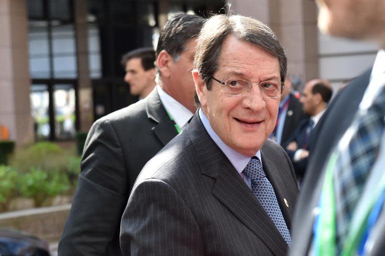 Cyprus President Nicos Anastasiades, pictured here on April 23, 2015 in Brussels, said he saw new hope of ending the island's decades-long division after the election of reconciliation champion Mustafa Akinci