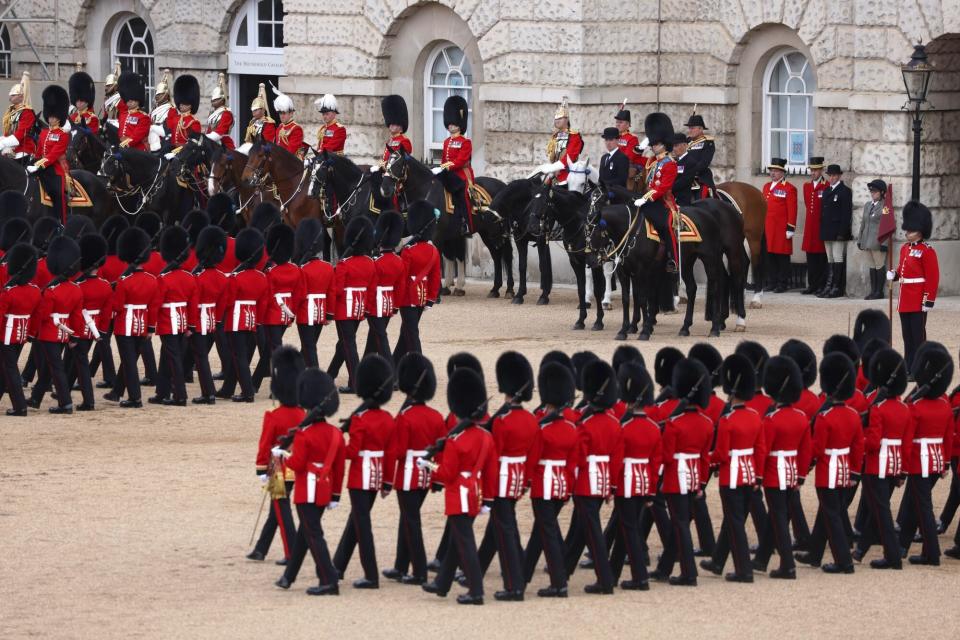 LONDON, ENGLAND - MAY 28: Prince William, Duke of Cambridge, Colonel of the Irish Guards, leads the Colonels Review on Horse Guards Parade on May 28, 2022 in London, England. The Colonel's Review is the final evaluation of the Trooping the Colour parade before the event which will take place on Thursday, June 02, in celebration of Queen Elizabeth II's Platinum Jubilee. This year, it will be the Irish Guards Trooping their Colour, with the Duke of Cambridge evaluating the parade in his role as the regiment's Colonel. (Photo by Hollie Adams/Getty Images)