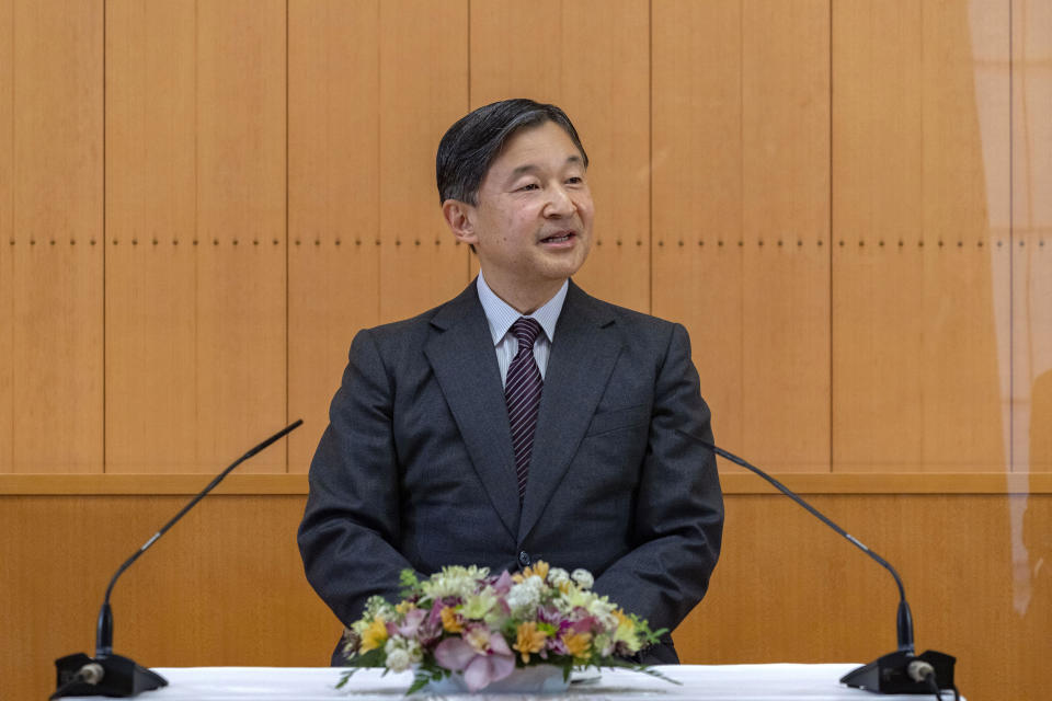 In this Feb. 19, 2021, photo provided by the Imperial Household Agency of Japan, Japan's Emperor Naruhito speaks during a press conference on the occasion of his 61st birthday on Feb. 23 at Akasaka Palace in Tokyo. Naruhito celebrated 61st birthday on Tuesday, Feb. 23, 2021. (The Imperial Household Agency of Japan via AP)