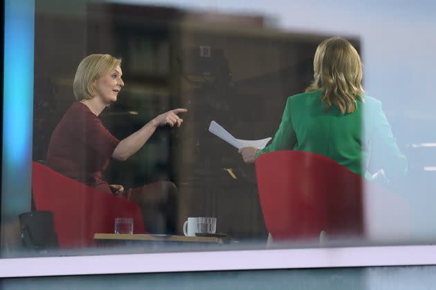 Liz Truss is interviewed by Laura Kuenssberg at the Conservative conference. (Photo: Jacob King via PA Wire/PA Images)