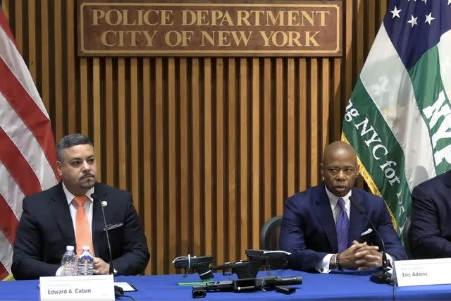 <p>NYPD News/X</p> Police Commissioner Edward A. Caban joins Mayor Eric Adams for a public safety related announcement.