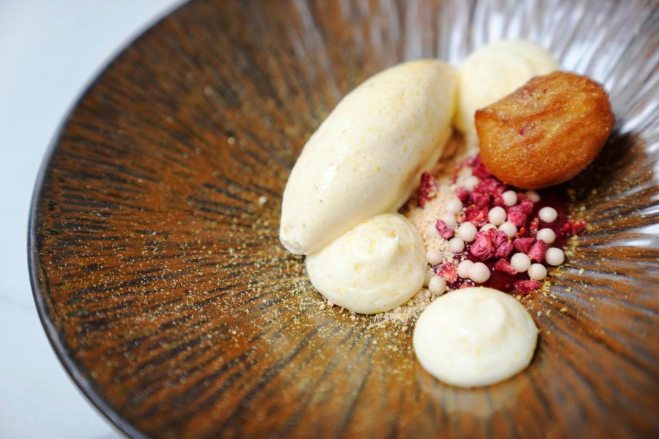 Candycap mushroom, honey, white chocolate, sweet bread and raspberry from Course, a new multicourse restaurant in Scottsdale.