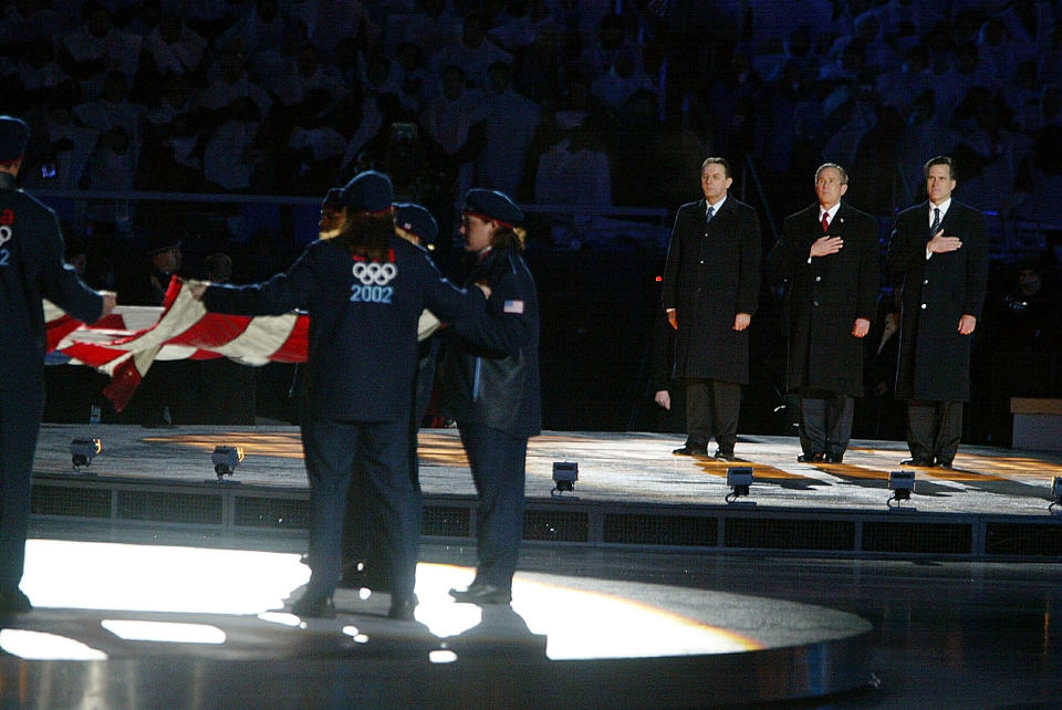 <p>President George Bush made a faux pas at the 2002 Salt Lake City Winter Olympics Opening Ceremony. Bush departed from the Olympic charter by saying ‘On behalf of a proud, determined and grateful nation’ instead of the traditional formula, "I declare open the Games of Salt Lake City." (Photo by Al Bello/Getty Images) </p>