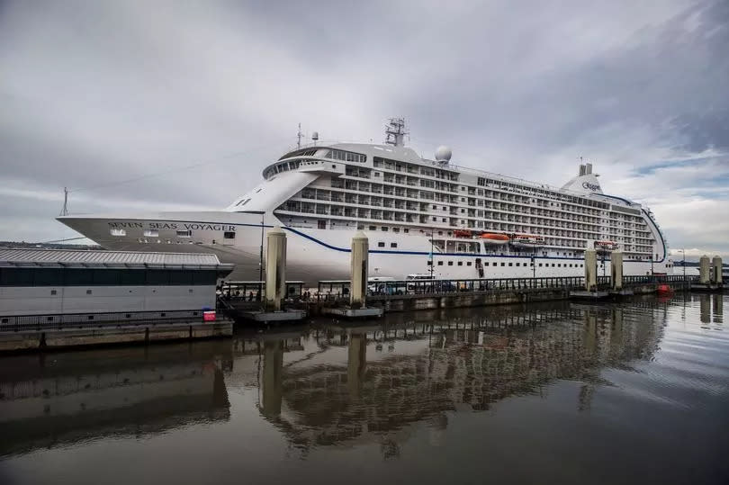 Regent cruise ship Seven Seas Voyager in dock at Liverpool's Princes Parade.