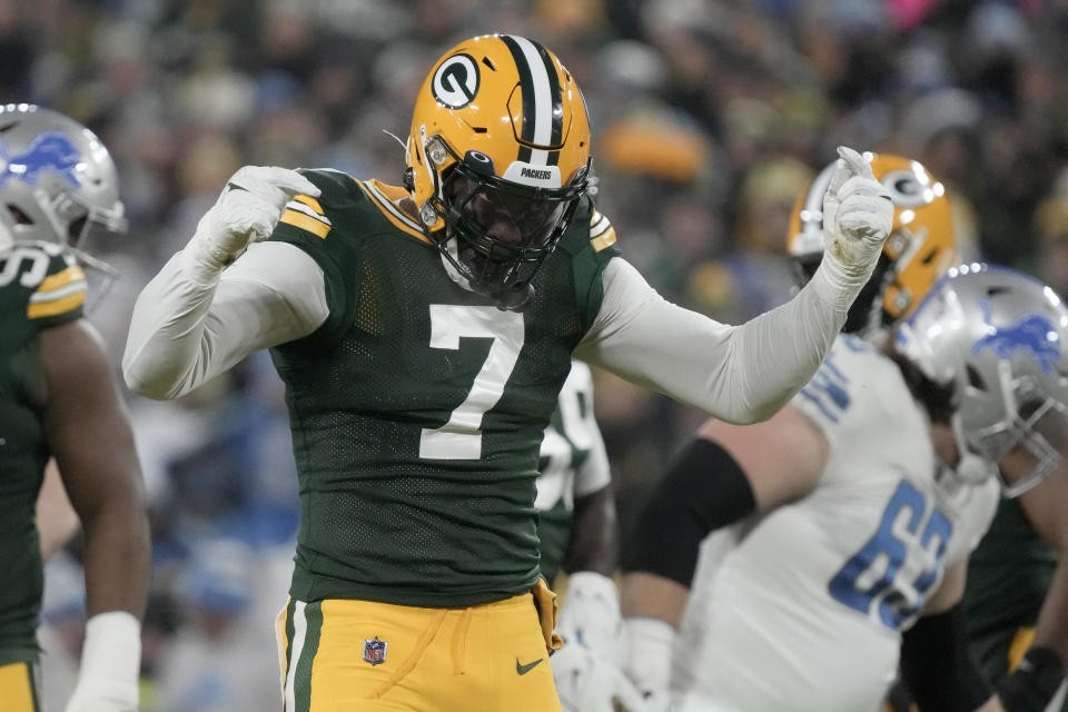 Green Bay Packers linebacker Quay Walker (7) celebrates during the first half of an NFL football game against the Detroit Lions Sunday, Jan. 8, 2023, in Green Bay, Wis. (AP Photo/Morry Gash)