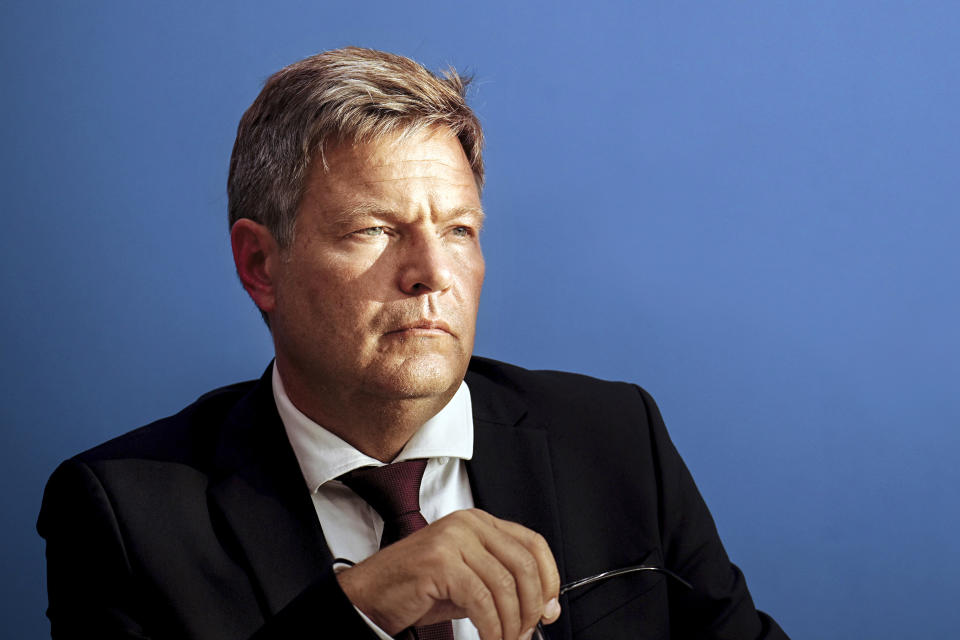 Federal Minister of Economics and Climate Protection Robert Habeck looks on during a news conference to announce the results of the stress test on the continued operation of nuclear power plants, in Berlin, Germany, Monday Sept. 5, 2022. The stress test was to examine the impact of the tense situation on the energy markets on the security of electricity supply. On the basis of this, a decision is to be made on the possible continued operation of the last three nuclear power plants in Germany beyond the end of the year. (Kay Nietfeld/dpa via AP)