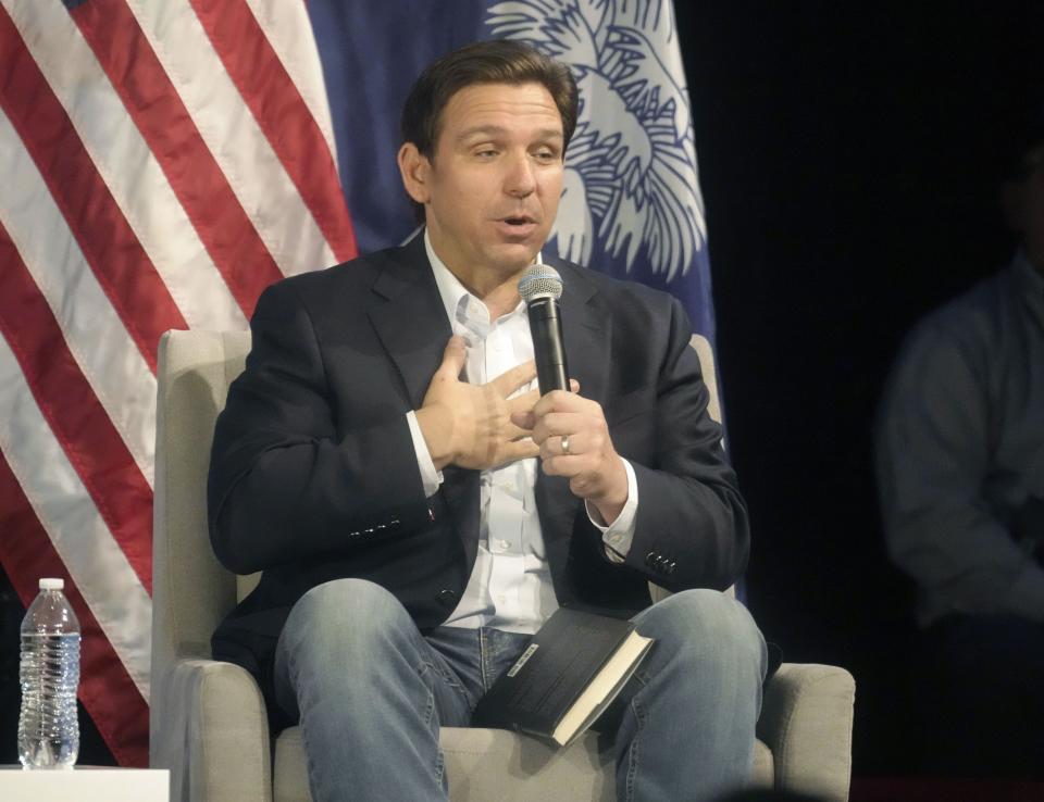 Gov. Ron DeSantis, R-Fla., speaks to a crowd at First Baptist North on Wednesday, April 19, 2023, in Spartanburg, S.C. | Meg Kinnard, Associated Press