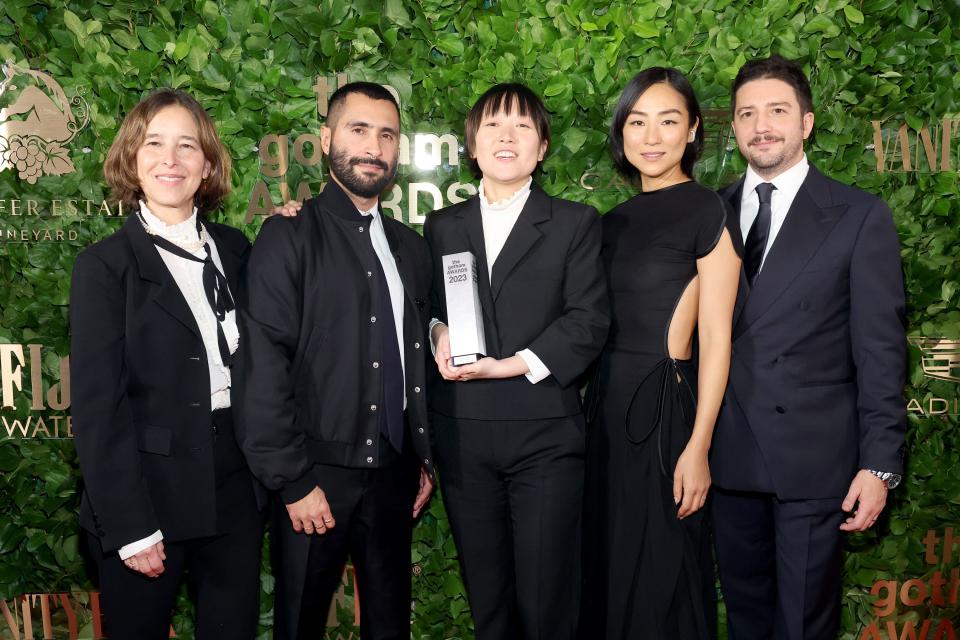 From left, "Past Lives" producers Pamela Koffler and David Hinojosa, writer-director Celine Song, and actors Greta Lee and John Magaro attend the Gotham Awards on Nov. 27, 2023, in New York City.
