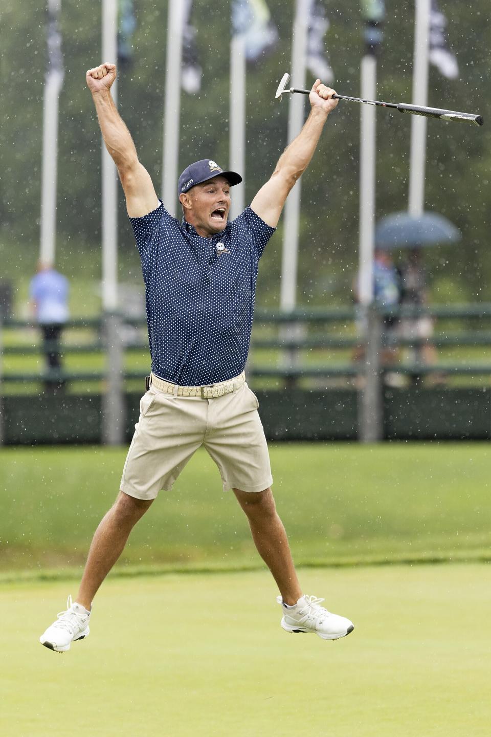 Captain Bryson DeChambeau, of Crushers GC, reacts after winning on the 18th hole during the final round of LIV Golf Greenbrier at The Old White at The Greenbrier, Sunday, Aug. 6, 2023, in White Sulfur Springs, W.Va. (Scott Taetsch/LIV Golf via AP)