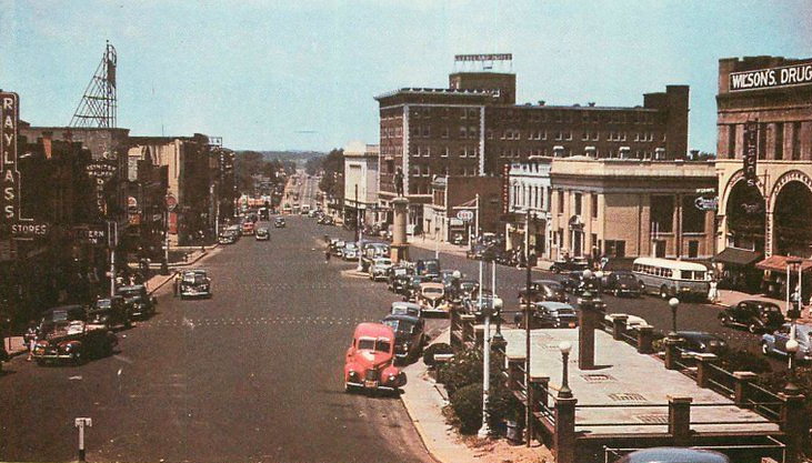 Main Street looking east in downtown Spartanburg in the 1940s.